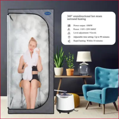 Portable steam sauna tent for weight loss and relaxation with a folding chair