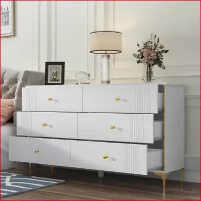 White 6-Drawer Standard Dresser with gold accents for stylish storage solutions