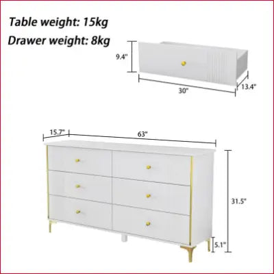 White 6-Drawer Standard Dresser with gold accents and dimensions for bedroom styling