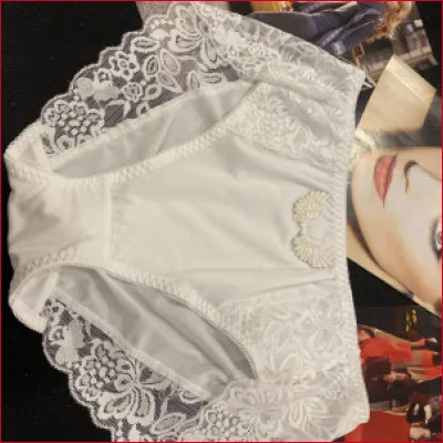 White Lace Satin Bridal Wedding Panties featuring intricate floral patterns and angel wings