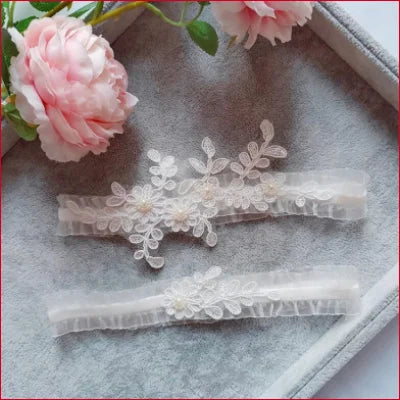 Double White Lace Bridal Garter Belt with Floral Appliqué Design for Weddings