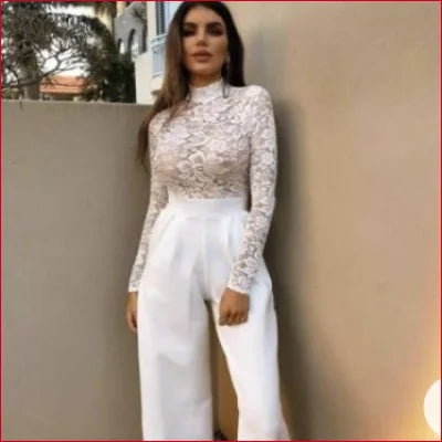 Woman in elegant white lace bodysuit with long sleeves and crotch zipper, perfect for weddings