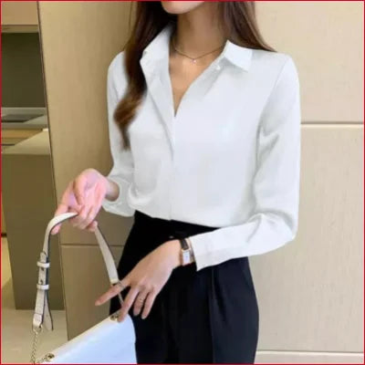 White Satin Silk blouse with long sleeves paired with a black skirt for women’s fashion