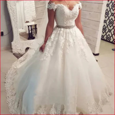 Off Shoulder Princess Wedding Dress in White with Lace Details and Sleeves