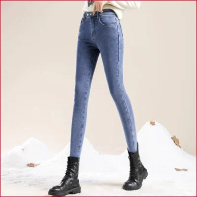 Cozy Slim Fit Fleece Velvet Lined Women’s Jeans paired with black ankle boots