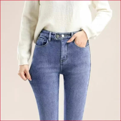 Cozy Slim Fit Fleece Velvet Lined Women’s Jeans in Blue Denim with High Waist