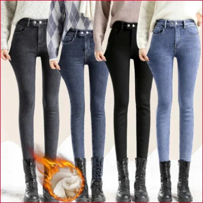 Cozy Slim Fit Fleece Velvet Lined Women’s Jeans in blue and black with black boots