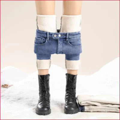 Cozy Slim Fit Fleece Velvet Lined Women’s Jeans with blue shorts and black combat boots