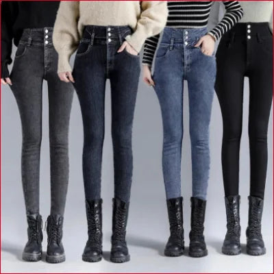 Assortment of Cozy Slim Fit Fleece Velvet Women’s Jeans with black combat boots