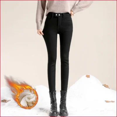 Cozy Slim Fit Fleece Velvet Lined Women’s Jeans styled with black ankle boots