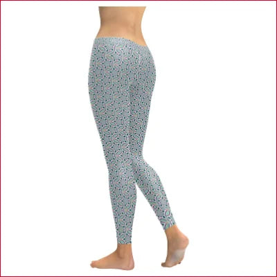 Light blue abstract leggings with a crotch zipper displayed on a lower body mannequin