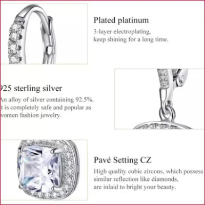 Jewelry product information sheet for Sterling Silver Zircon Drop Hoop Earrings for Women