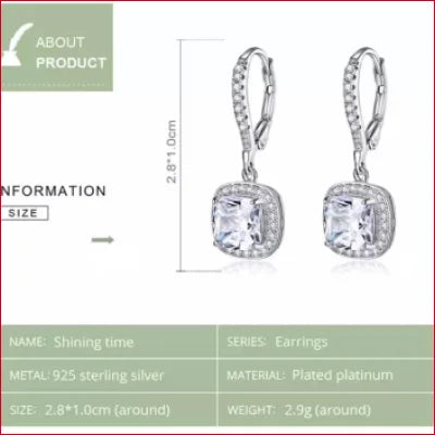 Elegant sterling silver zircon drop hoop earrings with cushion-cut clear gemstones