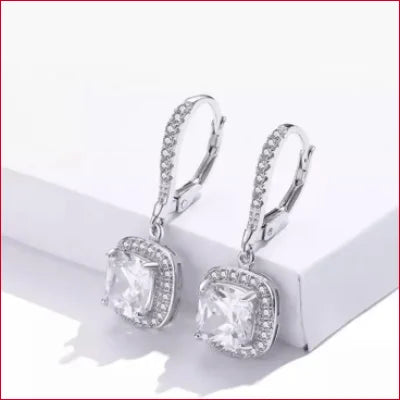 Sterling Silver Zircon Drop Hoop Earrings featuring square-cut cubic zirconia stones