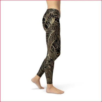 Premium Women’s Leggings with an intricate gold and black dragon pattern fabric blend