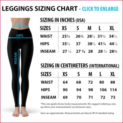 Leggings sizing chart for Premium Women’s Leggings with exceptional fabric blend made in USA