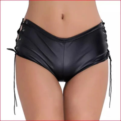 Black faux leather shorts with side lace-up details for stylish faux leather underwear