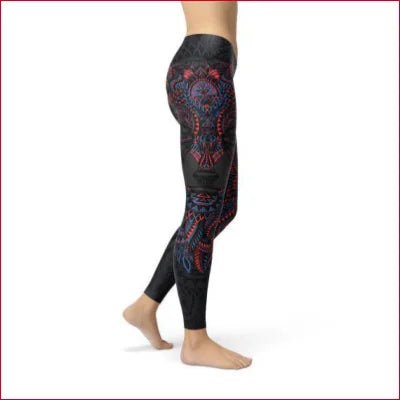 Patterned black women’s leggings with floral and geometric designs in USA fabric blend