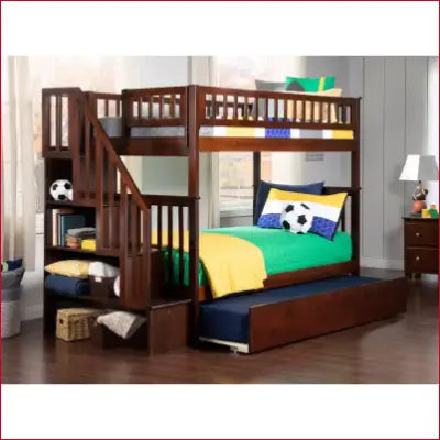 Woodland Walnut Twin Staircase Bunk Bed with stairs and urban trundle bed for kids