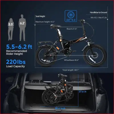 Foldable Eahora Azarias Electric Bike with dimensions and rider height details displayed