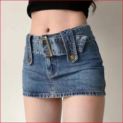 Denim mini skirt with a wide waistband and decorative belt, Boho Belted Y2K style