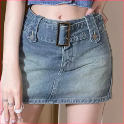 Boho Belted Y2K Mini Jean Skirt with prominent belt buckle for women sizes S-XL