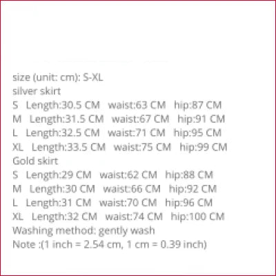 Size chart for Boho Belted Y2K Mini Jean Skirt in silver and gold skirt measurements