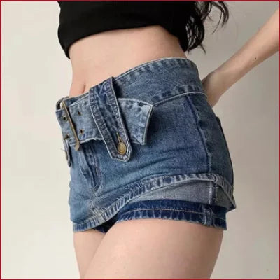 Boho Belted Y2K Mini Jean Skirt with folded waistband detail for stylish women