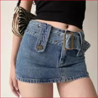 Boho Belted Y2K Mini Jean Skirt with prominent belt and buckle for women in sizes S-XL