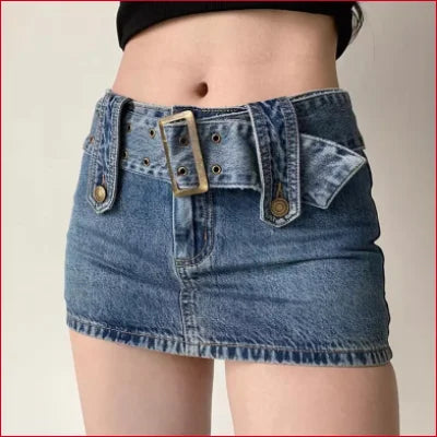 Boho Belted Y2K Mini Jean Skirt with wide belt and decorative metal buttons for women