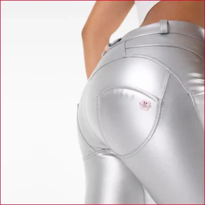 Shiny silver faux vegan leather leggings for women in sizes XXS-XXXL