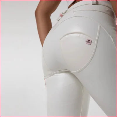 White Faux Leather Leggings for Women with crotch zipper and embroidered logo detail