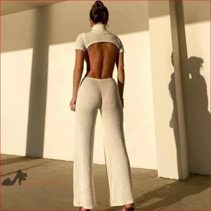 Backless Cutout Turtleneck Knitted Womens Jumpsuit