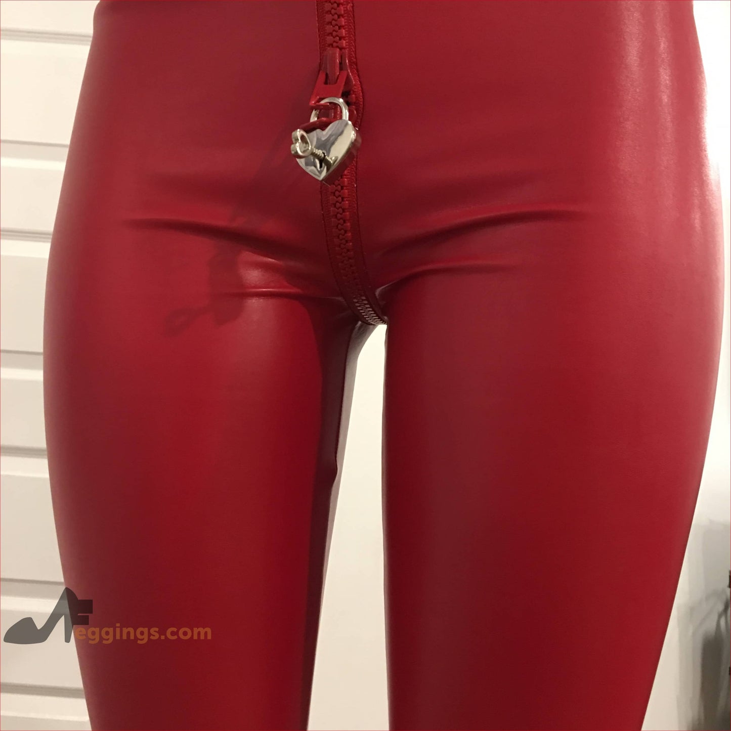Crotch Zipper Red Leather Leggings Pants