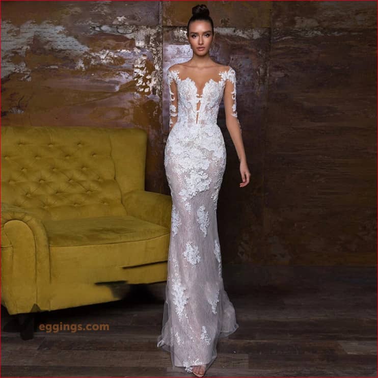 Detachable Train Embroidered Lace Wedding Mermaid Dress Bridal Gown