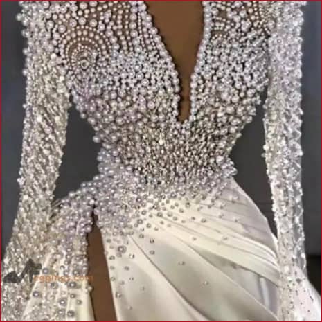 High Slit Pearls Wedding Gown Bridal Dress