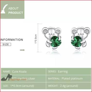 Koala Emerald Stud Earrings Hypoallergenic 925 Sterling Silver