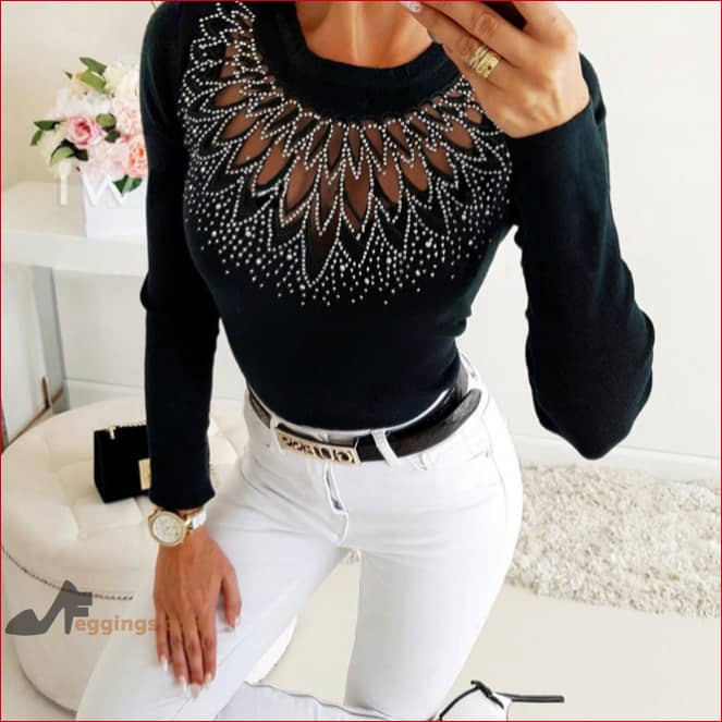 Long Sleeves Cut Out Beads Womens Top Blouse