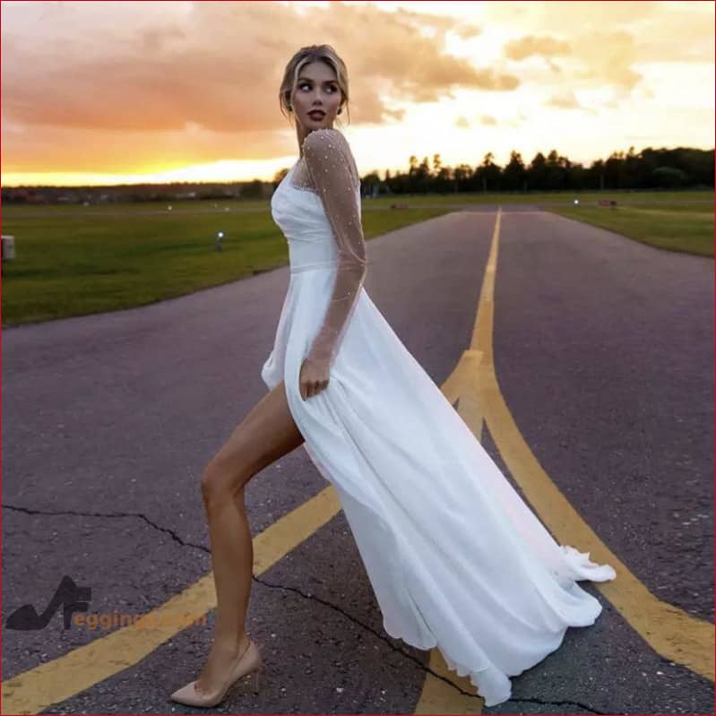Long Sleeves Wedding Dress High Slit Bridal Gown