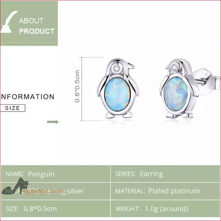 Opal Penguin Stud Earrings Hypoallergenic 925 Sterling Silver
