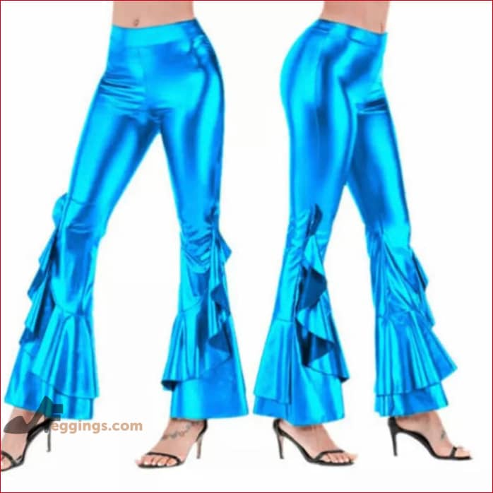 Ruffle Bell Bottom Wide Leg Shiny Disco Pants Womens Leggings Studio 54