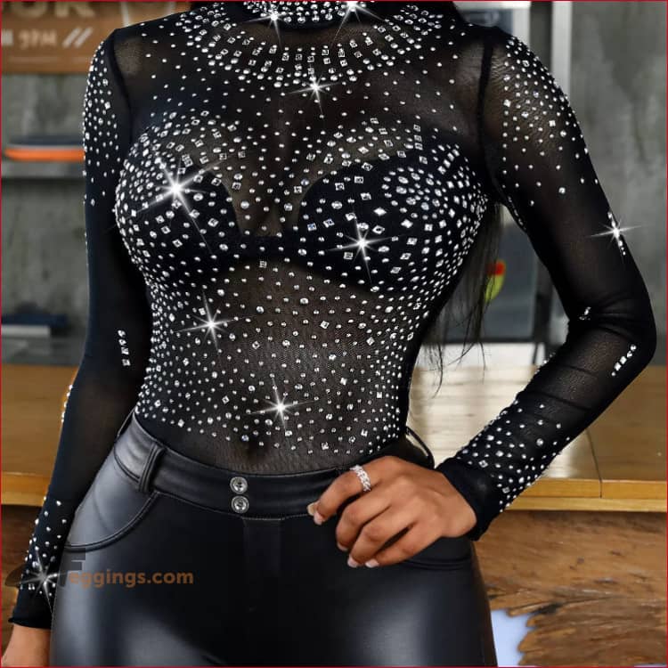 Studded Black Long Sleeves Rhinestones Bodysuit