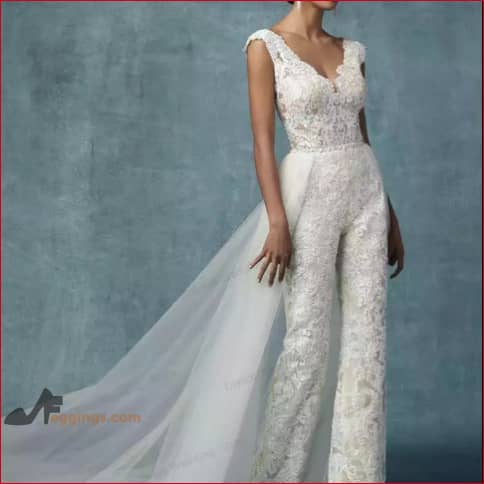 Wedding Jumpsuit Bridal Pantsuit Detachable Train V Neck Lace Sleeveless