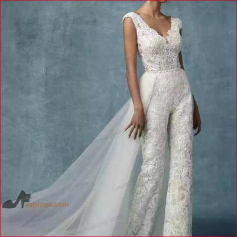 Wedding Jumpsuit Bridal Pantsuit Detachable Train V Neck Lace Sleeveless